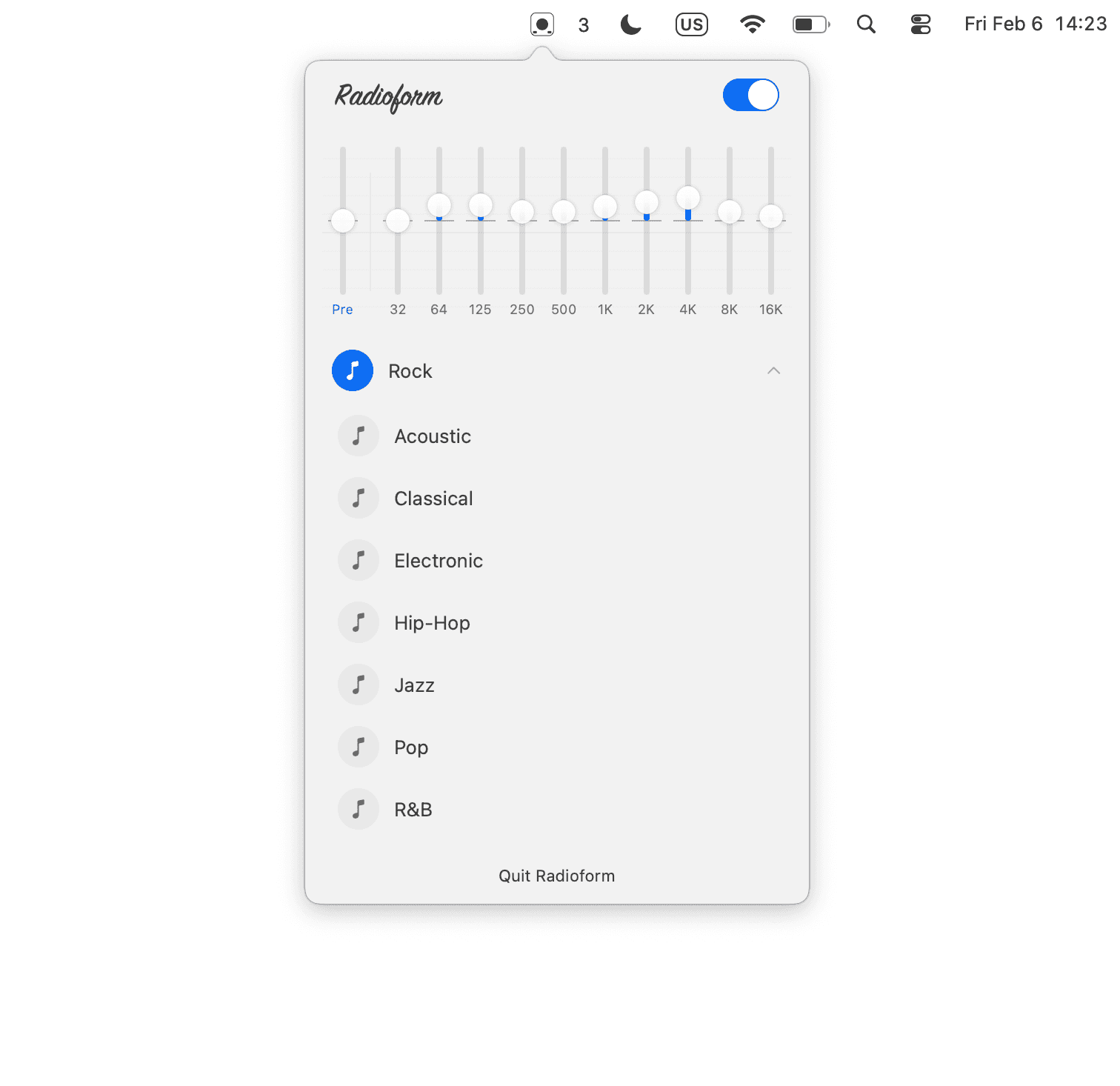 Radioform menu bar app showing a 10-band equalizer and genre presets